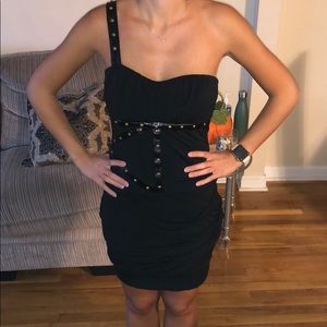 Juniors Black Asymmetrical Dress with Gold Studs